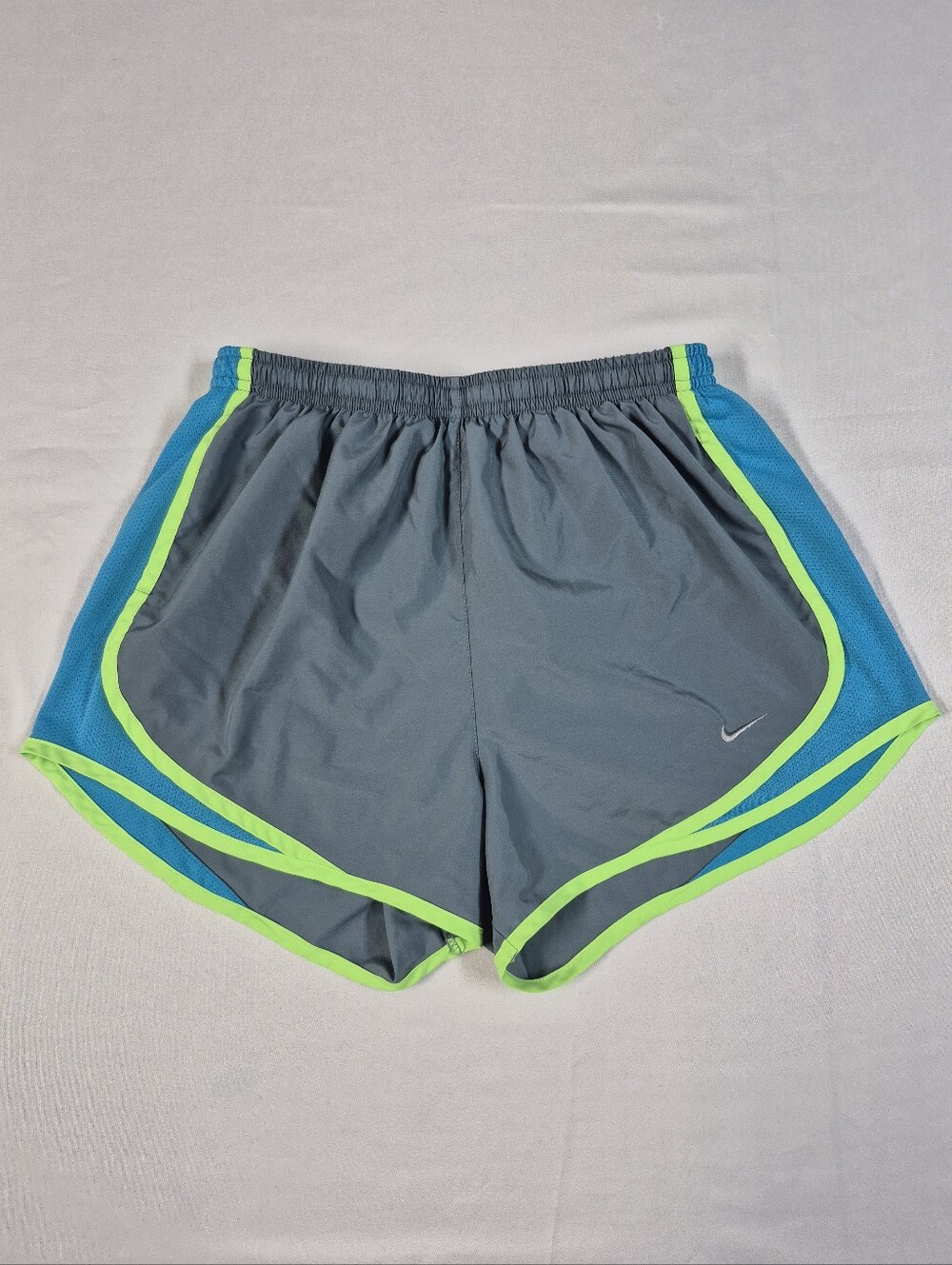 Nike Dri-Fit Women Small Running Shorts Gray Teal Neon Green Lined Gym Workout